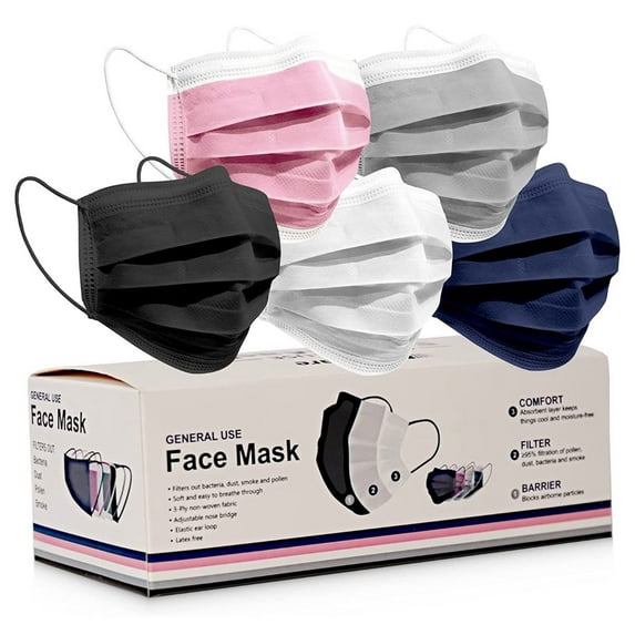 50 Disposable Multi Color Face Masks, 3-PlyDust Protection Masks, Elastic Ear Loop Filter Mask