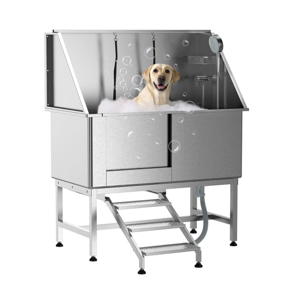 50" Dog Grooming Bathtub, Professional Stainless Steel Pet Dog Bathing Station for Large Pets, Left Door & Stairs with Faucet, Sprayer, Drain