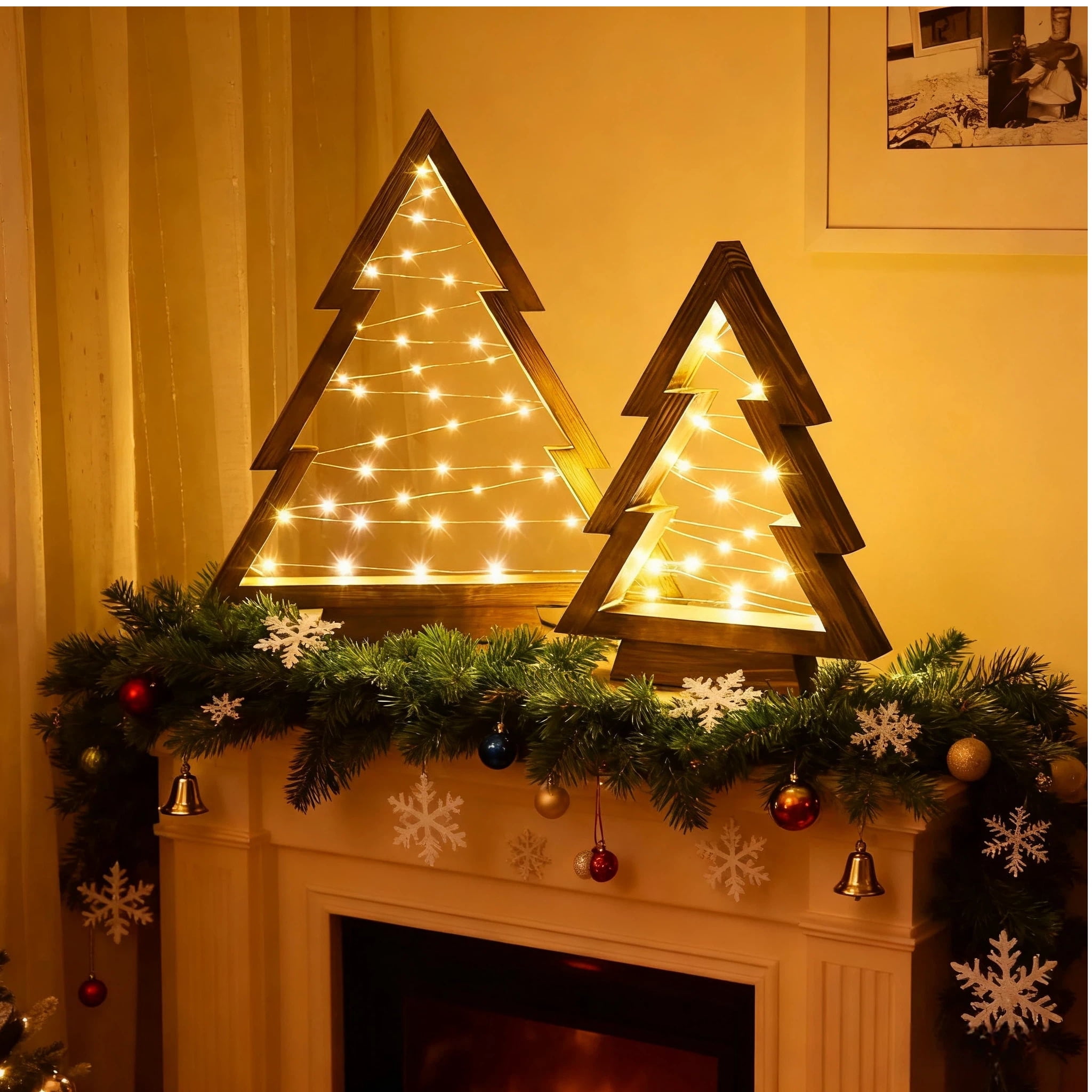 Under 50 Dollars! 2Pcs Christmas Tree Gold LED Wooden Light, Modern Farmhouse Tabletop Christmas Decor, Table Fireplace Mantle Shelf Decorations, Gifts for Women Men Friends(14.3" and 10.7" Tall)