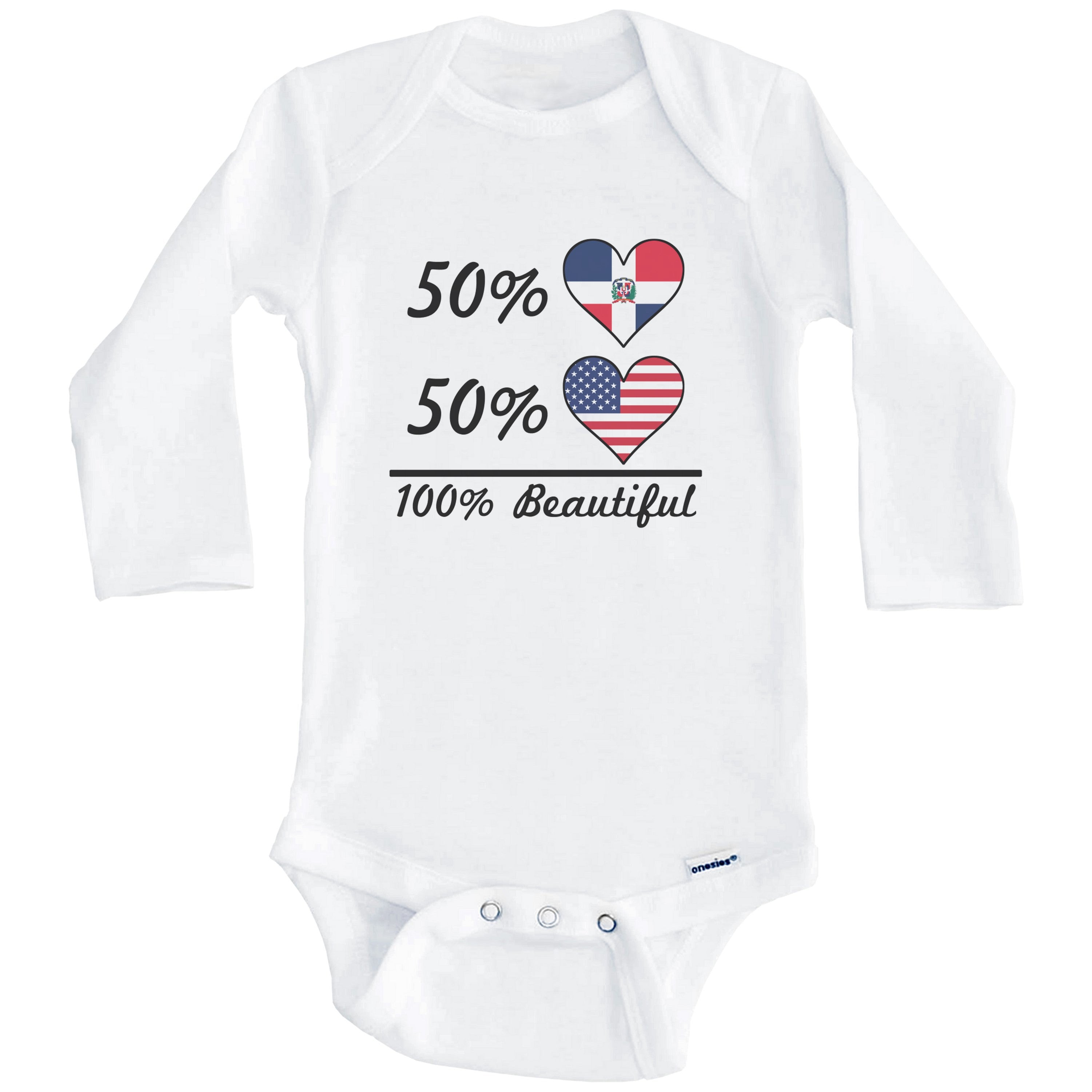 50% Dominican 50% American 100% Beautiful Dominican Republic Flag Heart One Piece Baby Bodysuit (Long Sleeve), 0-3 Months White