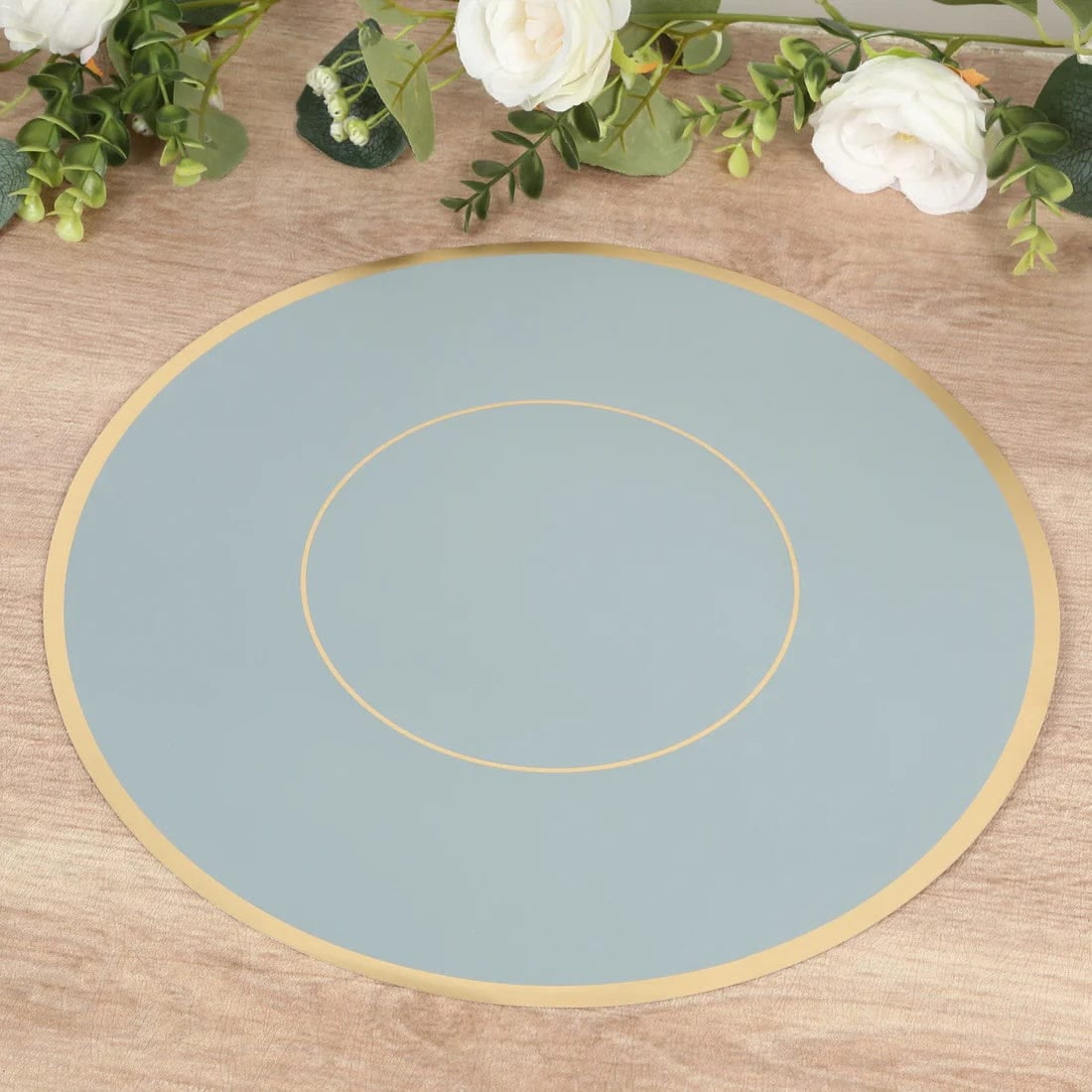 50 Dusty Blue Disposable 13 in Round Cardboard Paper Table Placemats with Gold Rim