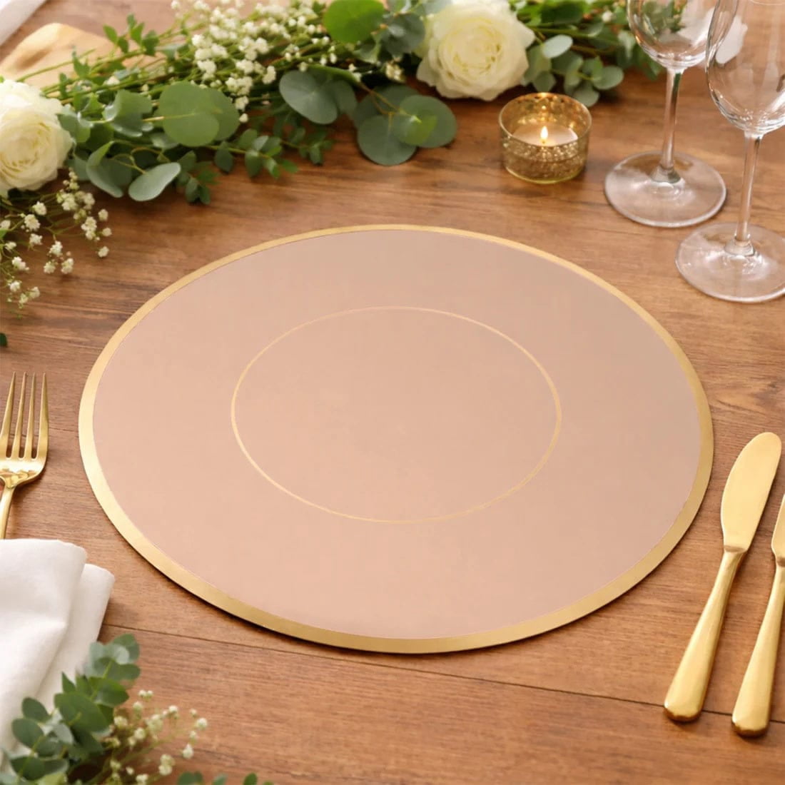 50 Dusty Rose Disposable 13 in Round Cardboard Paper Table Placemats with Gold Rim