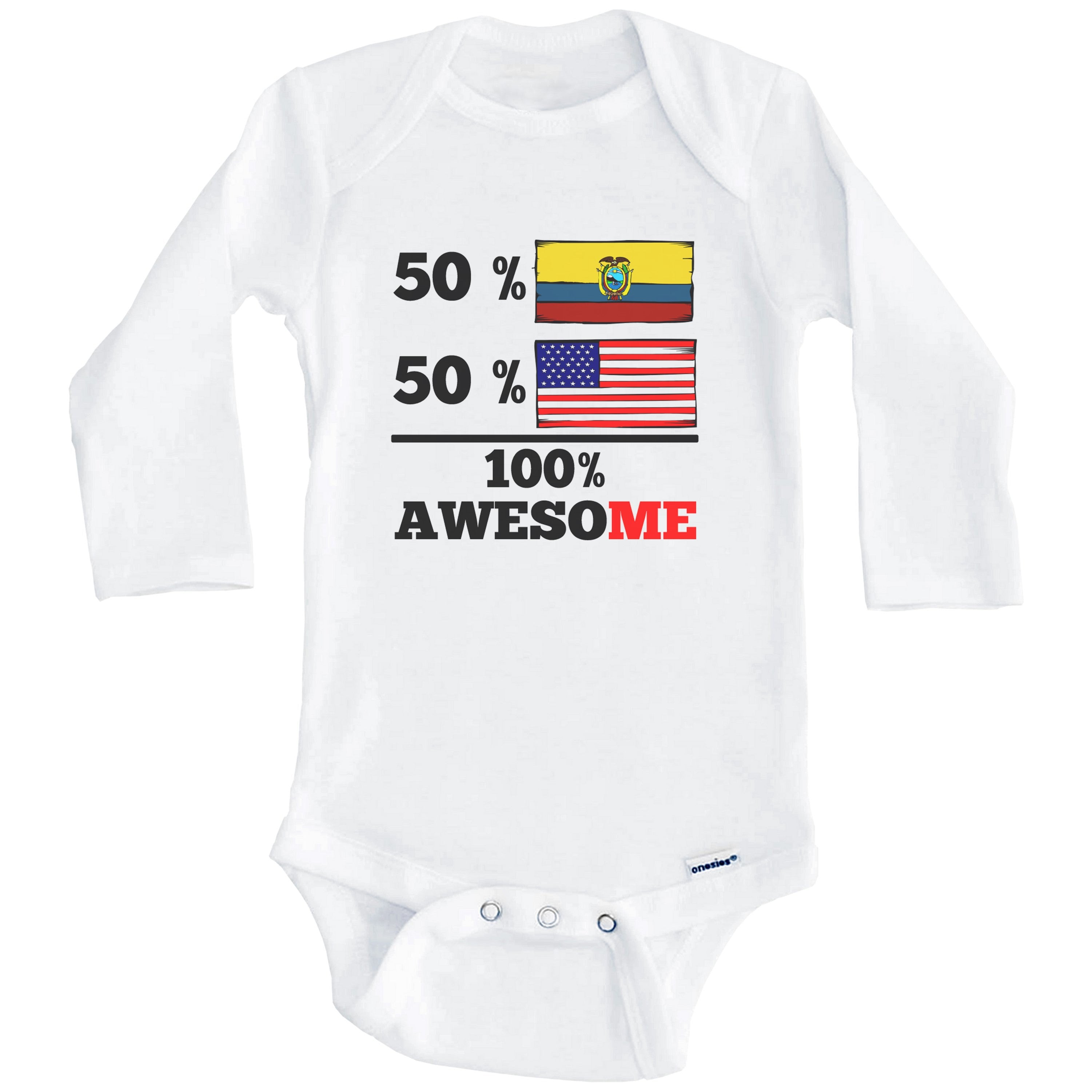 50% Ecuadorian 50% American 100% Awesome Funny Ecuador Flag One Piece Baby Bodysuit (Long Sleeve), 0-3 Months White