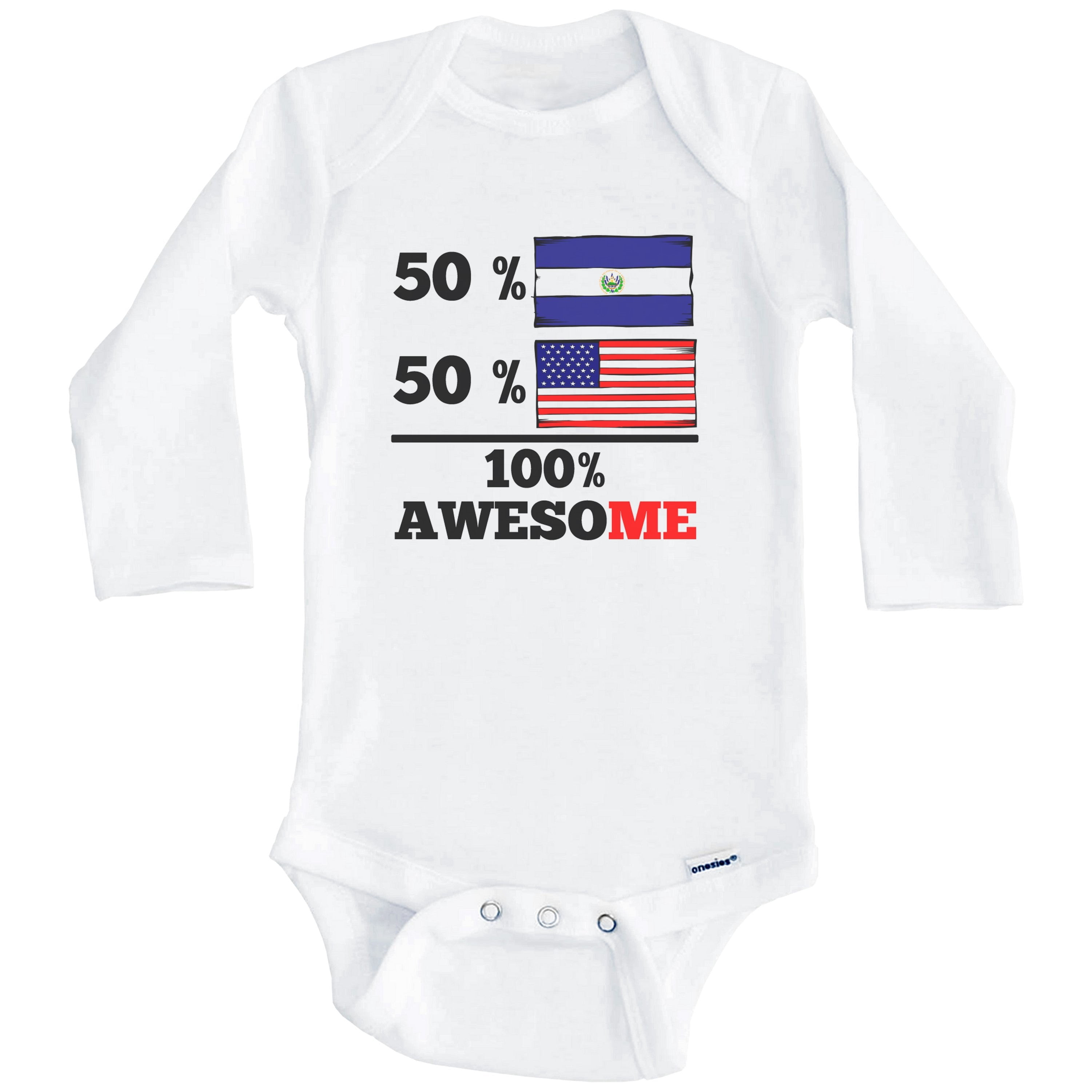 50% El Salvadorian 50% American 100% Awesome Funny El Salvador Flag One Piece Baby Bodysuit (Long Sleeve), 0-3 Months White