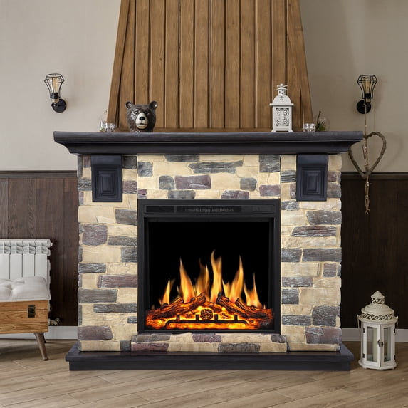 50" Electric Fireplace with Mantel, 750W/1500W Freestanding Fireplace Heater with Realistic 3D Flames, 7-Level Adjustable Brightness, Remote Control, Indoor Fireplace Stone Look for Living Room