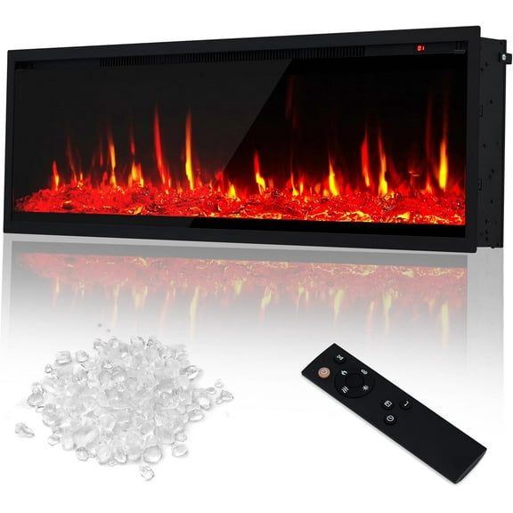 50'' Electric Fireplace - Recessed & Wall Mounted, 750/1500W Fireplace Heater with Remote Control, Touch Screen, Timer, Adjustable Flame Color/Speed/Brightness, Log & Crystal Inserts