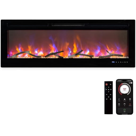 50'' Electric Fireplace, Wall Mounted Electric Fireplace with Smart WiFi and Remote Control, Fireplace Heater with 12 Flame Colors, Fireplace Insert, 750W/1500W