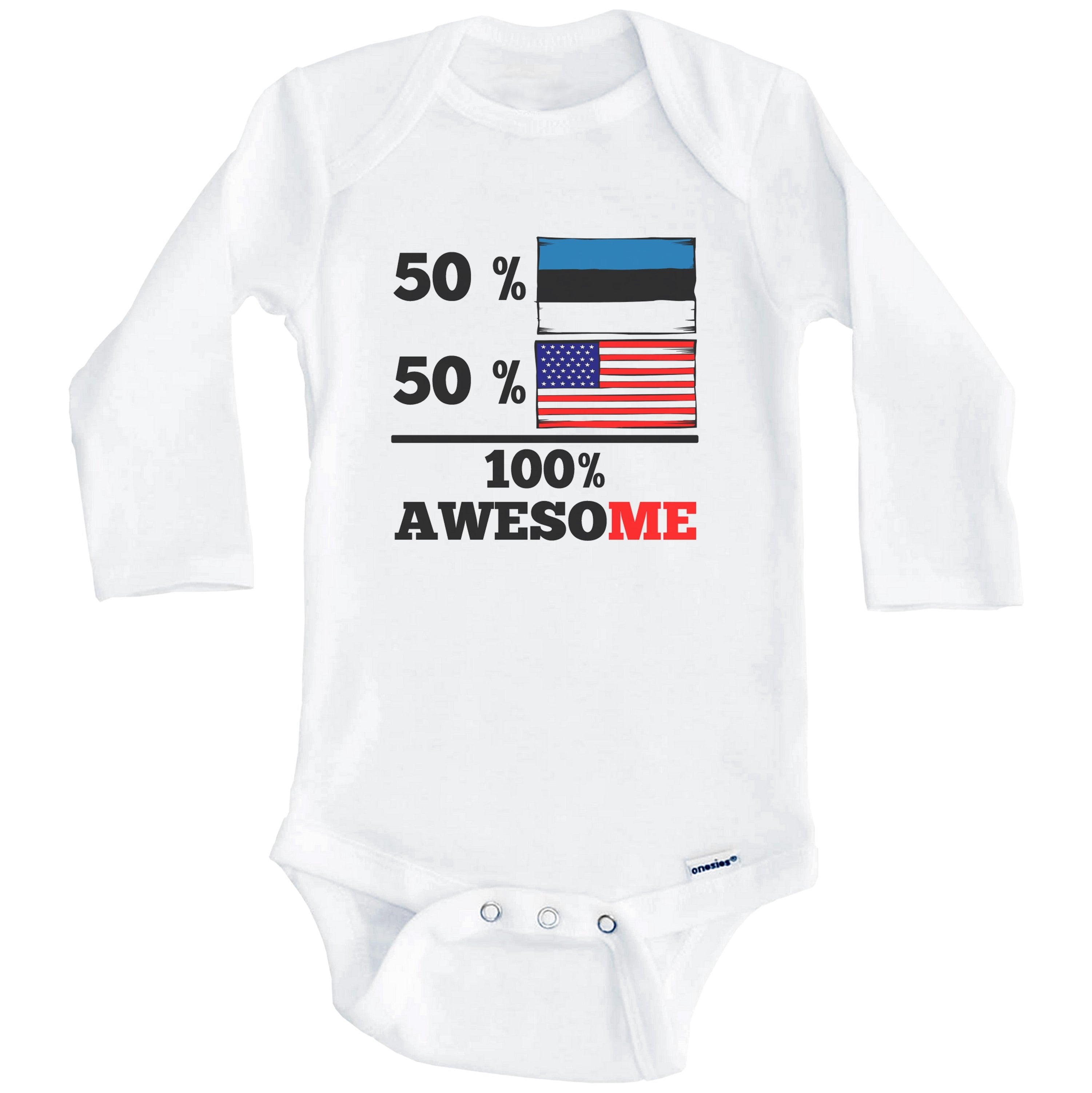 50% Estonian 50% American 100% Awesome Funny Estonia Flag One Piece Baby Bodysuit (Long Sleeve), 3-6 Months White
