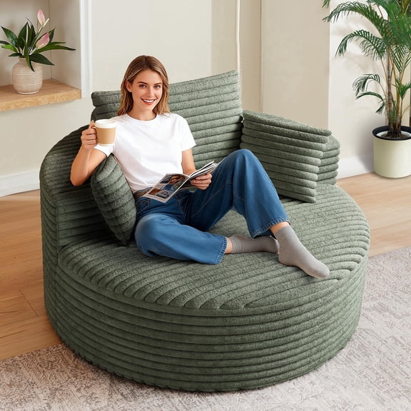 50" FIRSCOOK Oversized Corduroy Round Chair, Deep Seat Comfy Boneless Lounge Chairs with Pillows, No Assembly Required, Green