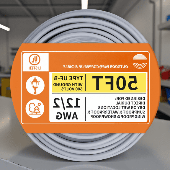 50 FT 12/2 UF-B Direct Burial Wire, Solid Copper Conductors, 600V Rated, & Sunlight Resistant Electrical Cable