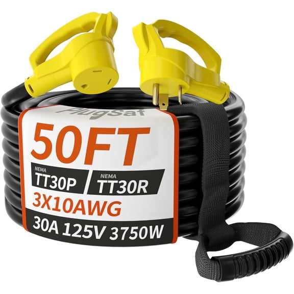 50 FT 30 Amp RV Extension Cord Outdoor with  Handle, Flexible  10/3 Gauge STW RV Power Cord  with Cord Organizer, NEMA TT-30P to TT-30R, Black-Yellow, ETL Listed