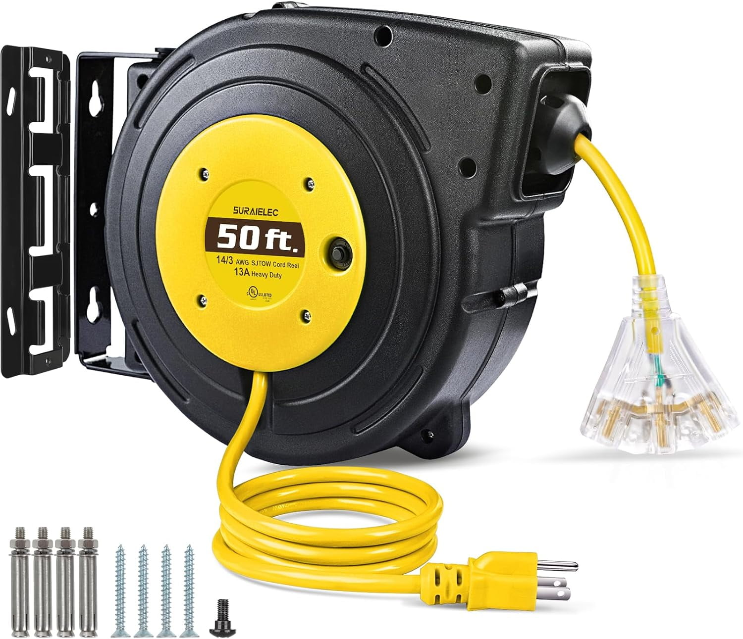 50 FT Extension Cord Reel, 14 Gauge Retractable Extension Cord, SJTOW