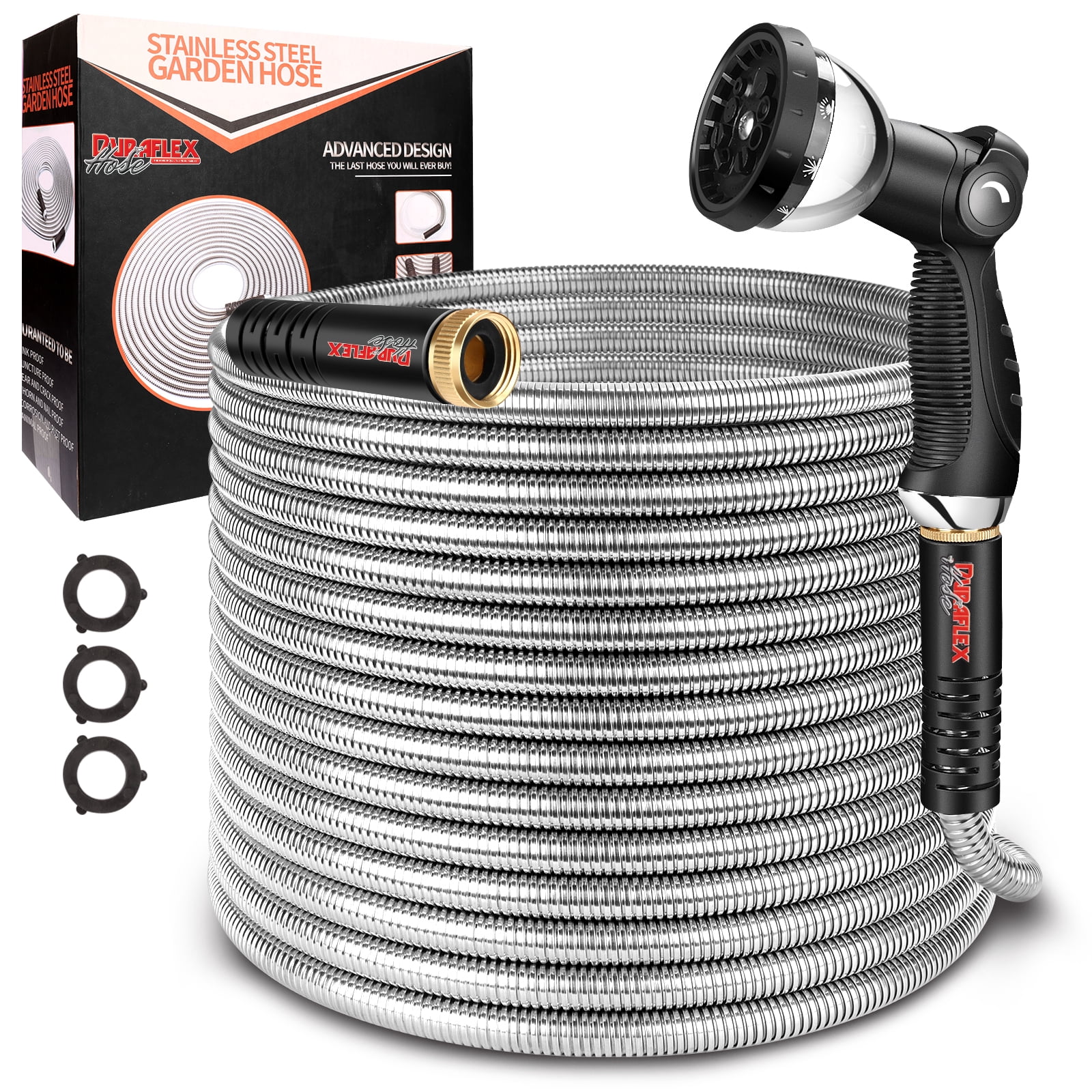 50 FT Premium Stainless Steel Metal Garden Hose – 5/8" Kink-Free, Flexible, Crush-Proof & Lightweight, with 10-Mode Spray Nozzle, Pet-Resistant, 600 PSI, 3-Year Warranty – 2025 Upgraded