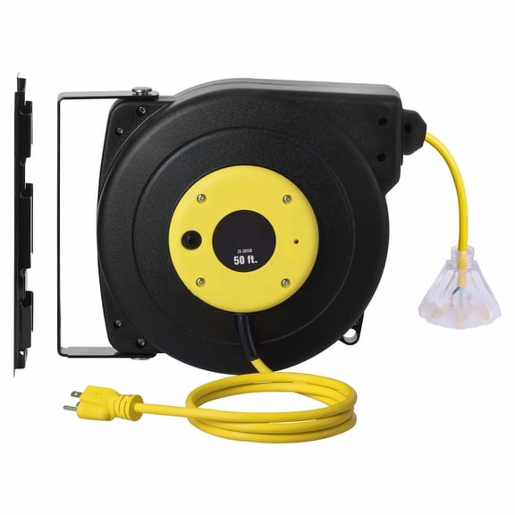 50 FT Retractable Extension Cord Reel, Heavy Duty 14AWG SJTOW Power Cord, Lighted Triple Tap Outlet, 13A Circuit Breaker, Wall/Ceiling Mount