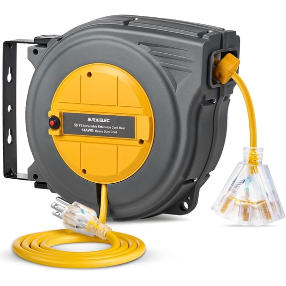 50 FT Retractable Exteon Cord Reel, 14A/3C SJTW Power Cord Storage Reel, 3 Outlets Triple Tap, 13A Circuit Breaker, Wall Mount/Ceiling Hanging for Workshop, Garage, ETL Lted