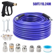 50 FT Sewer Jetter Kit for Pressure Washer, Drain Cleaning Hose with Short Spray Gun, 1/4" NPT Rotating & Button Nose Nozzles, M22-14mm & 3/8" Quick Connect Ada