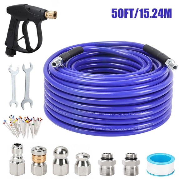 50 FT Sewer Jetter Kit for Pressure Washer, Drain Cleaning Hose with Short Spray Gun, 1/4" NPT Rotating & Button Nose Nozzles, M22-14mm & 3/8" Quick Connect Adapters