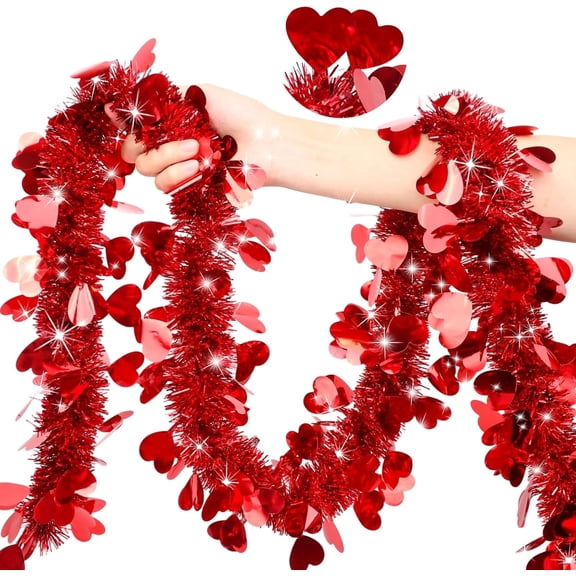 50 FT Valentines Day Heart Tinsel Garland, Red Pink Purple Metallic Glitter Hanging Decor, Shiny Ornament for Tree, Mantel, Home, Wedding, Galentines Party, Valentine's Day Decoration