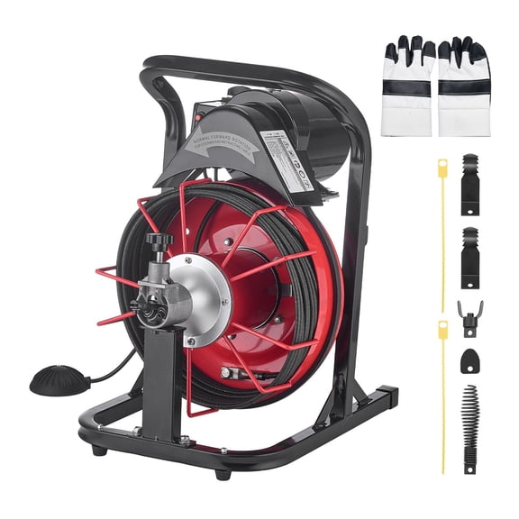 50 FT x 5/16 Inch Auto Feed Drain Cleaner Sewer Snake Auger with 4 Cutters and Air Activated Foot Switch for 2 to 4 Inch Pipes