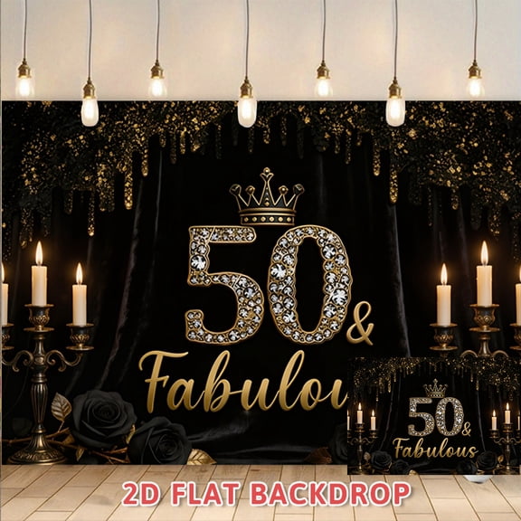 50 & Fabulous Backdrop, Luxury Black Gold Crown Diamond Themed Banner for 50th Birthday Party, Adult Dinner Banquet Photo Booth Decor, Vintage Atmosphere Setting Background Cloth