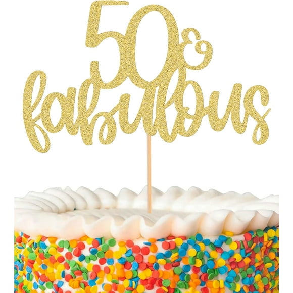 50 & Fabulous Cake Topper - Glitter Gold 50th Birthday Cake Decorations, Fifty Wedding Anniversary Cake Pick