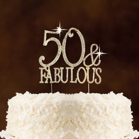 "50 & Fabulous", Gold - Coolest Bear Rhinestone Crystal Cake Topper