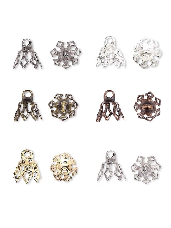 50 Fancy Filigree Bell Bead End Cap Bails with Loop to Make Charm Pendants, 7 Flexible Leg Prongs (Gunmetal)