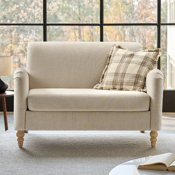 Tina's Home 50" Farmhouse Loveseat Sofa, Linen Upholstered Couch with Wide Seat, Sloped Arms and Solid Wood Bobbin Legs