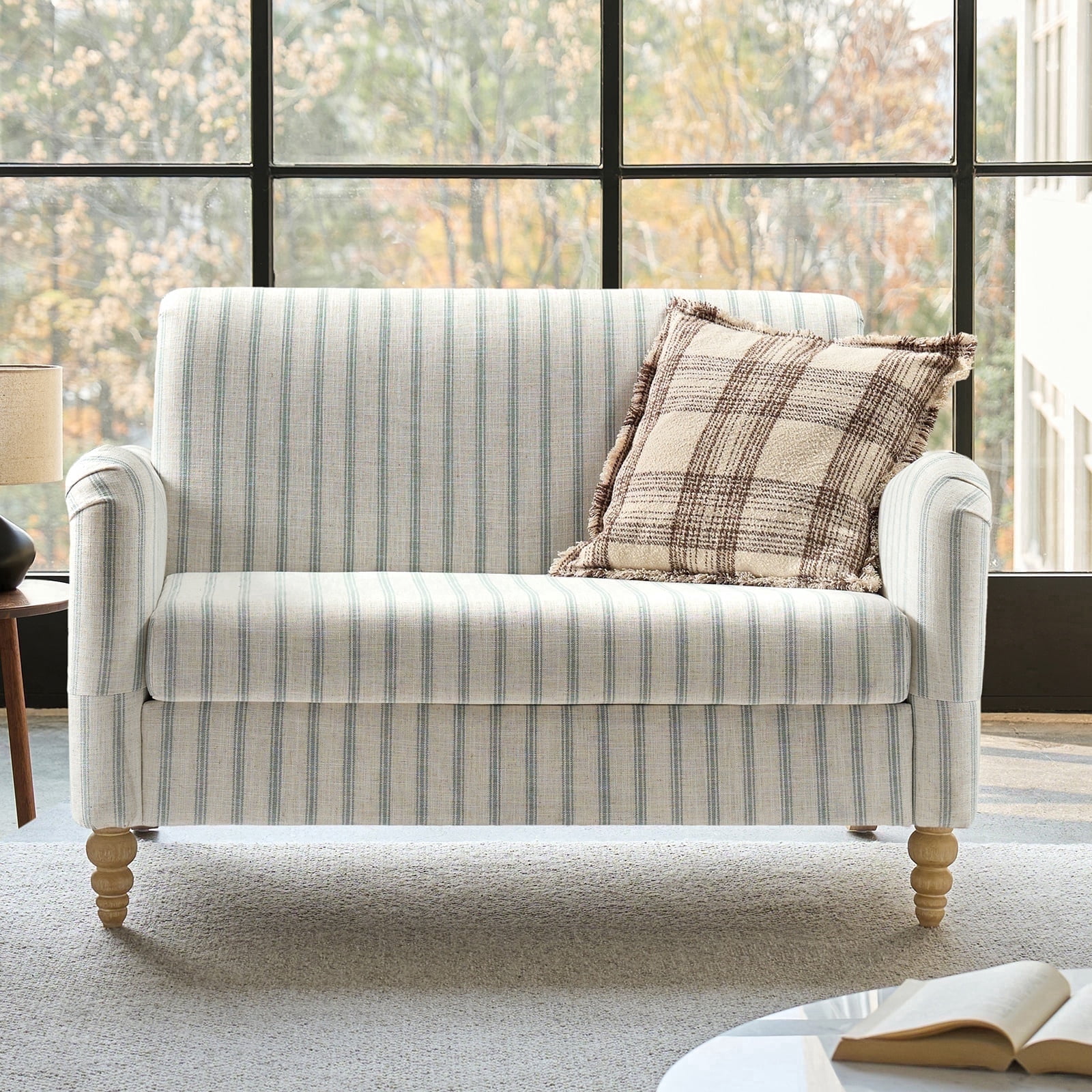 Tina's Home 50" Farmhouse Loveseat Sofa, Stripe Blue Upholstered Couch with Wide Seat, Sloped Arms and Solid Wood Bobbin Legs