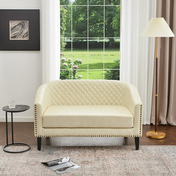 50" Faux Leather Small Barrel Love Seat Settee, Diamond Tufted Back Compact Loveseat Sofa with Nailhead Trim, Modern 2-Seater Couch with Solid Wood Legs for Small Spaces, Apartments, Cream