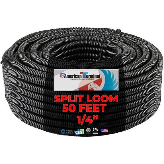 50' Feet 1/4" Black Split Loom Wire Flexible Tubing Wire Cover for Various Automotive, Home, Marine, Industrial Wiring Applications, Etc.