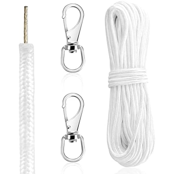 50 Feet 1/4 Inch Wire Flagpole Rope with Clips Set Wire Center Halyard Rope with 2 Pieces Stainless Steel Snap Hooks Braided Polyester Halyard Line with Wire Core Center for Flagpole (White)