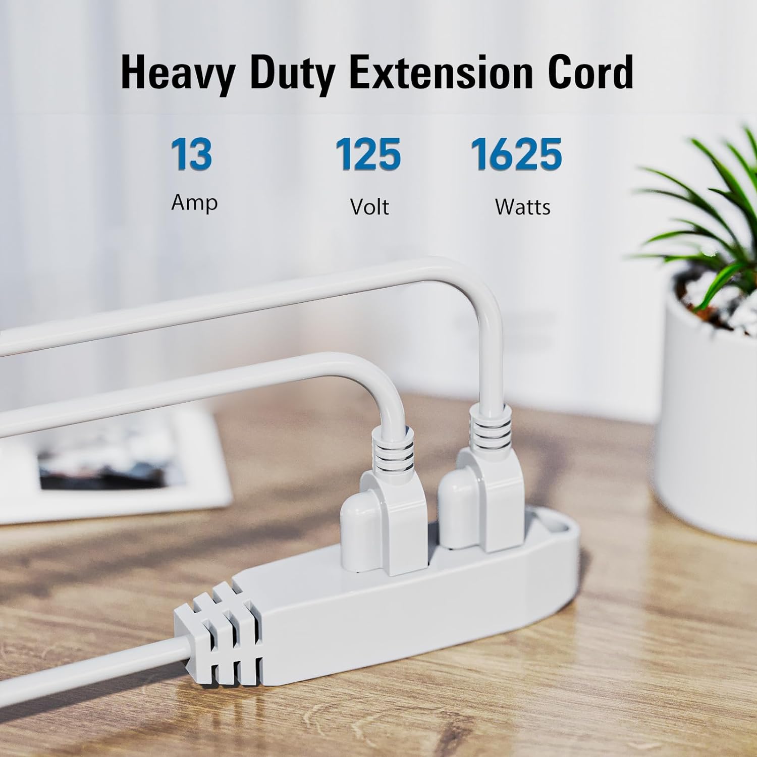 - 50-Feet 3 Outlet Extension Cord, UL Listed, 16/3 SJTW 3-Wire Grounded, 10 Amp 125 V 1625 Watts, Multi-Outlet Indoor/Outdoor Use, White