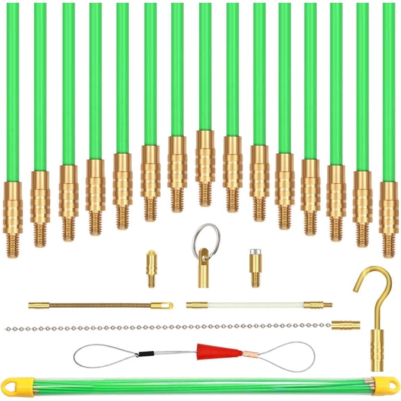 50 Feet Fiberglass Fish Tape Cable Rods Electrical Wire Running Pull/push Kit With Hook And Hole Glow Rod Green