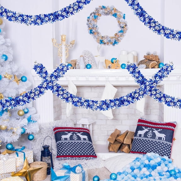 50 Feet Hanukkah Decorations Tinsel Garland Glitter Twist Garland Metallic Menorah Ornaments Blue Metallic Streamers with Silver Star, Indoor Outdoor Chanukah Decorations Home Party Supplie