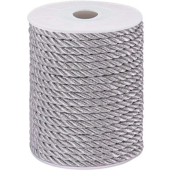 50 Feet Twisted Cord Rope Craft Nylon Rope 5mm 3 Strand Multipurpose Utility Cord Trim Choker Thread for Jewelry Making Knot Rosaries Upholstery Curtain Tieback Honor Cord - Silver
