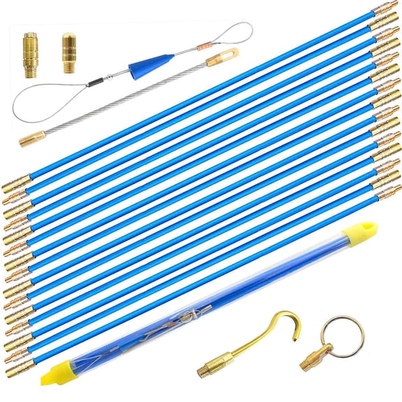 50' Fiberglass Cable Wire Running Rod Coaxial Electrical Connectable Fish Tape Pull Kit With Hook And Hole In Transparent Tube Blue