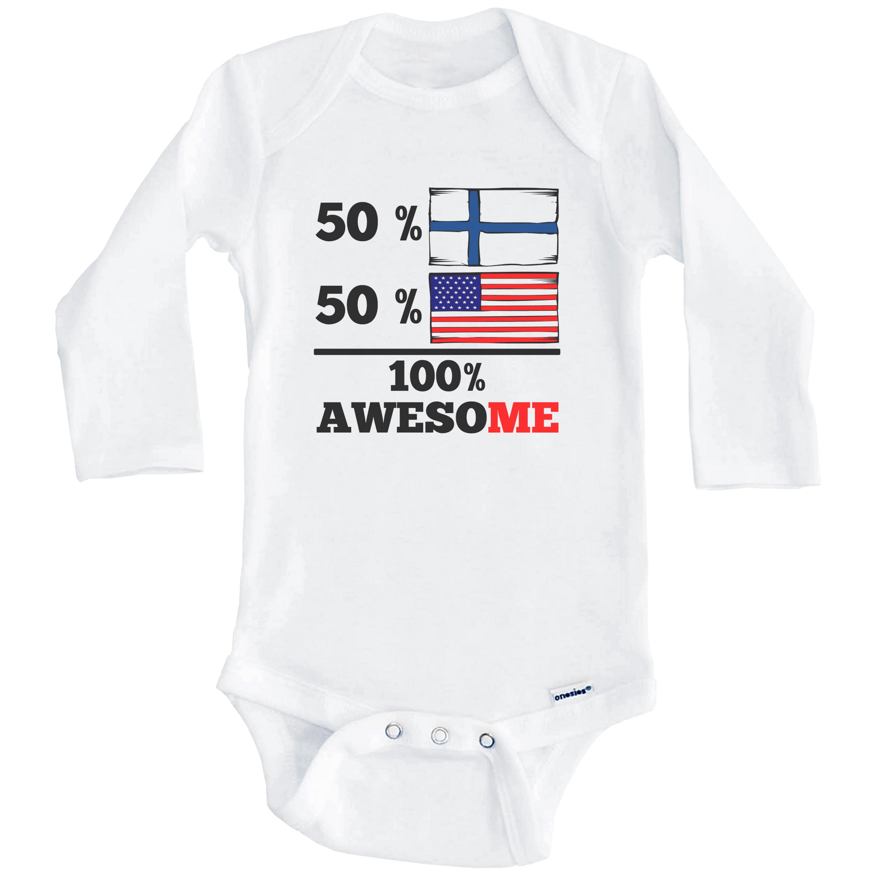 50% Finnish 50% American 100% Awesome Funny Finland Flag One Piece Baby Bodysuit (Long Sleeve), 6-9 Months White