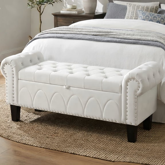 50" Flip-Top Storage Bench, Polyester Upholstered Bedroom Bench with Tufted Seat, Rolled Arms & Nailhead Trim