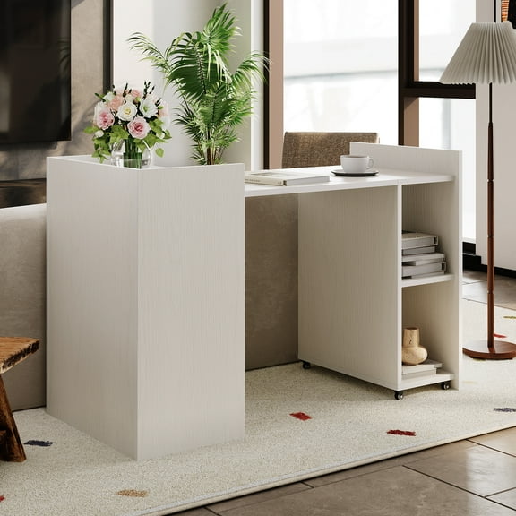 50" Folding Computer Desk with Bookshelf, Home Office Extension Table with Wheels, Small Study Writing Desk with Backless Storage Shelves