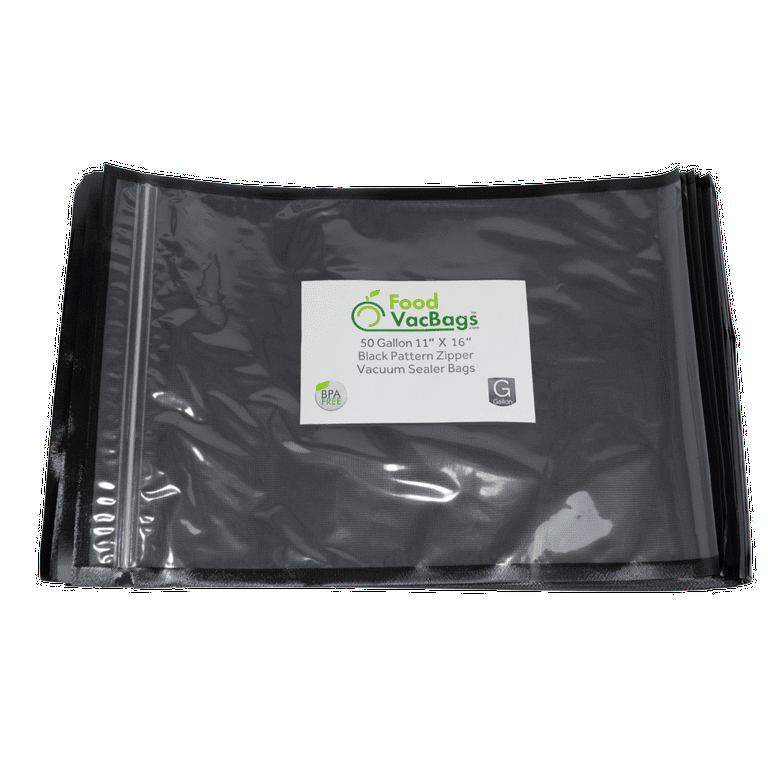 50 FoodVacBags Gallon-Sized 11 inch x 16 inch Zipper Black Back & Clear Front Reusable Vacuum Sealer Bag