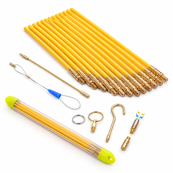 50 Foot Fiberglass Fish Tape Wire Cable Rods, Yellow, Connectable Electrical Fishing Pull Push Kit