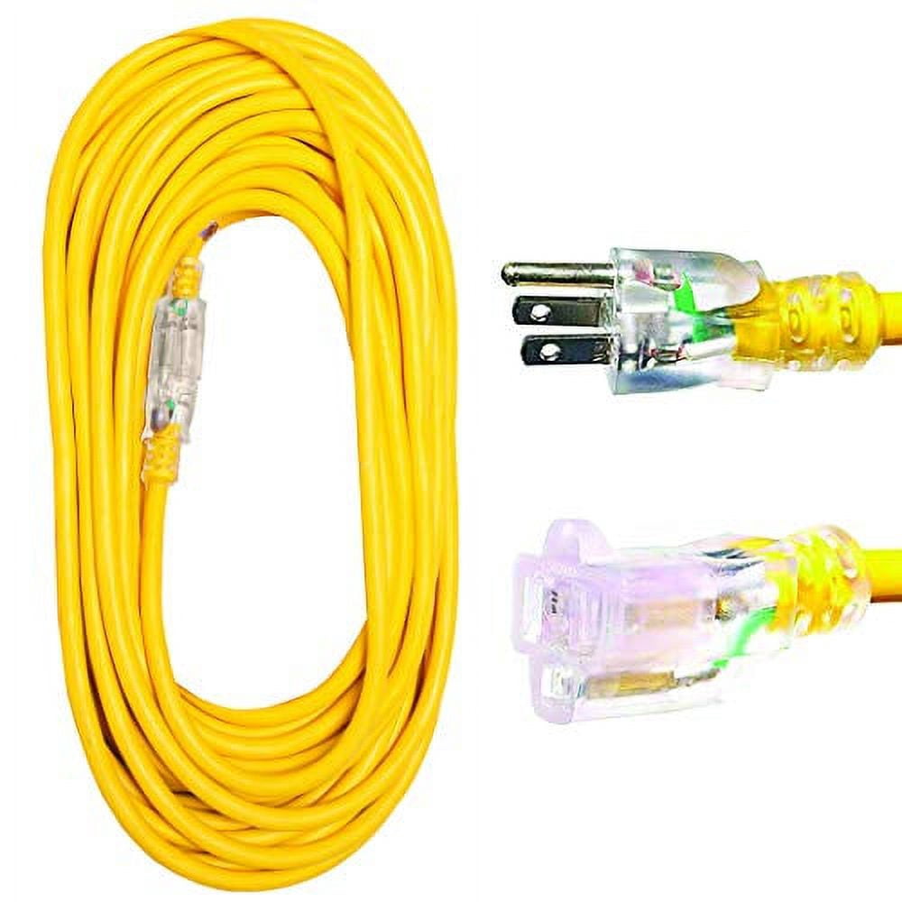 50 Foot Lighted Outdoor Extension Cord - 10/3 SJTW Yellow 10 Gauge Cable with 3 Prong Grounded Plug for Safety - Great for Garden and Major Appliances