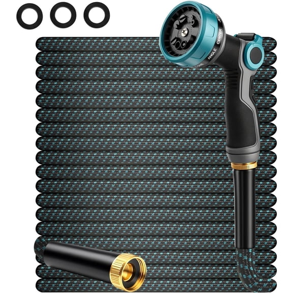 50-Foot Lightweight Kink-Free Garden Hose with 10-Pattern Spray Nozzle and 3/4-Inch Brass Connectors