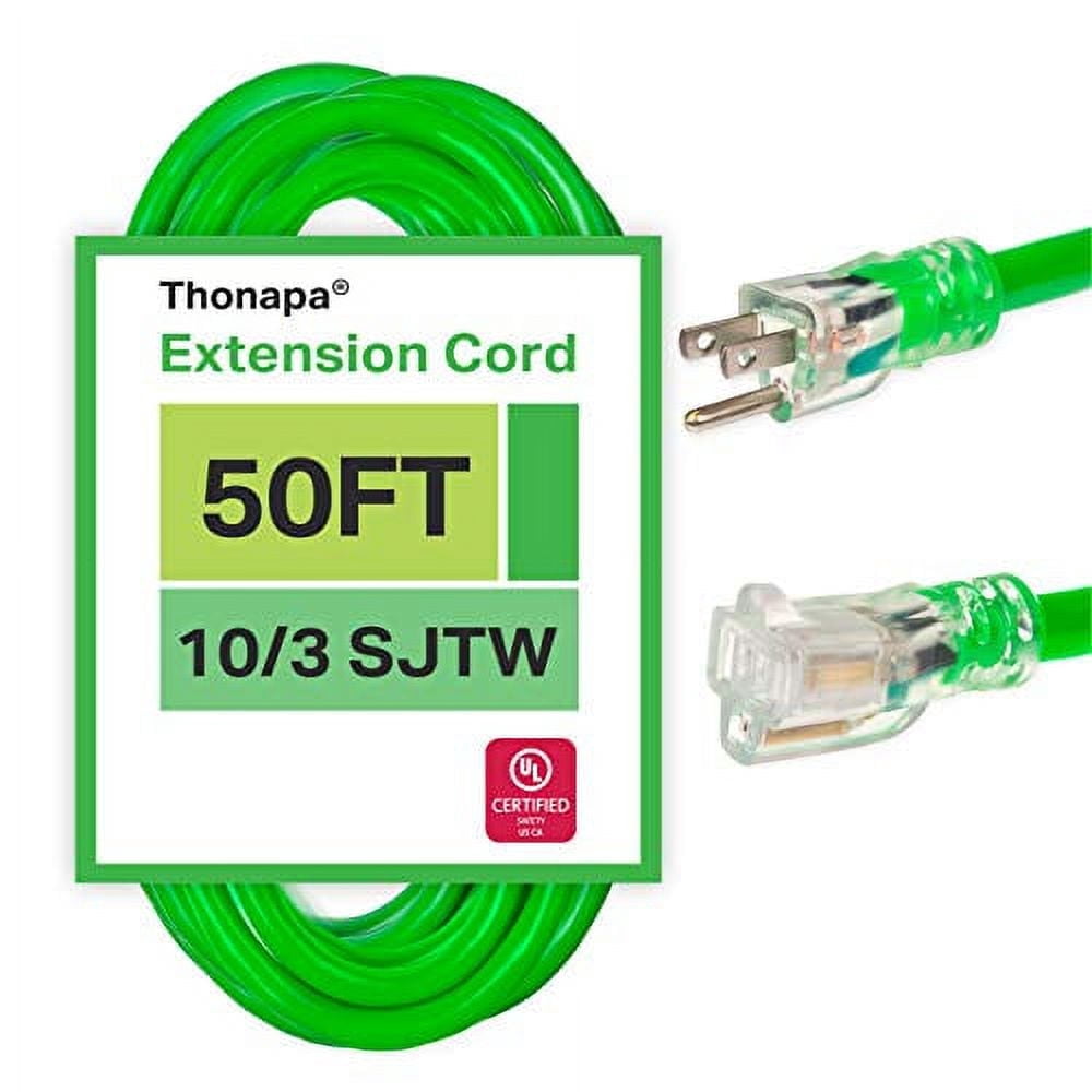 Thonapa 50 Ft Extension Cord, Weatherproof Heavy Duty Outdoor Extension Cord 10 AWG 50', SJTW 3 Prong Lighted Plug 10/3 Neon Green Cable 15 Amp, Great for Major Appliances & Garden Tools