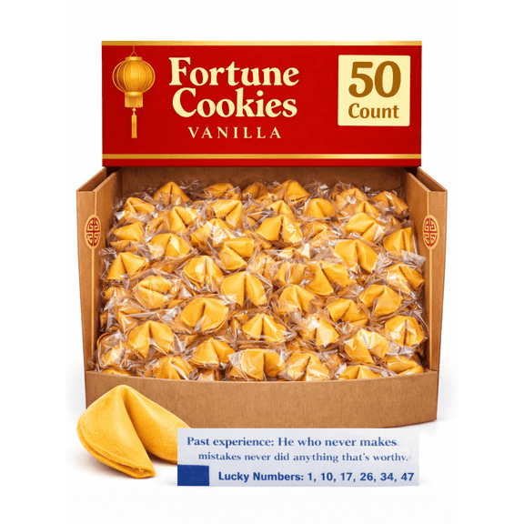 50 Fortune Cookies - Individually Wrapped with Fun, Traditional Fortunes, Lucky Numbers and Chinese Characters - Bundle of 50 Vanilla Cookies