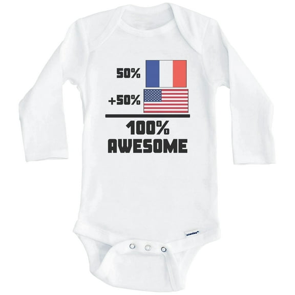 50% French 50% American 100% Awesome Funny Flag One Piece Baby Bodysuit (Long Sleeve), 6-9 Months White