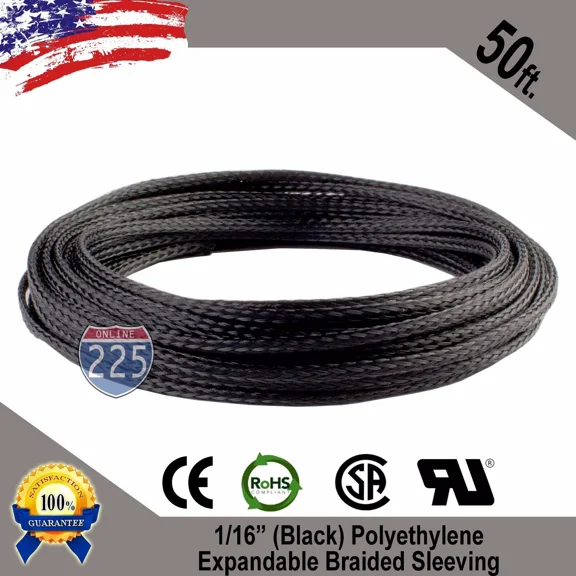50 Ft. 1/16" Black Expandable Wire Cable Sleeving Sheathing Braided Loom Tubing