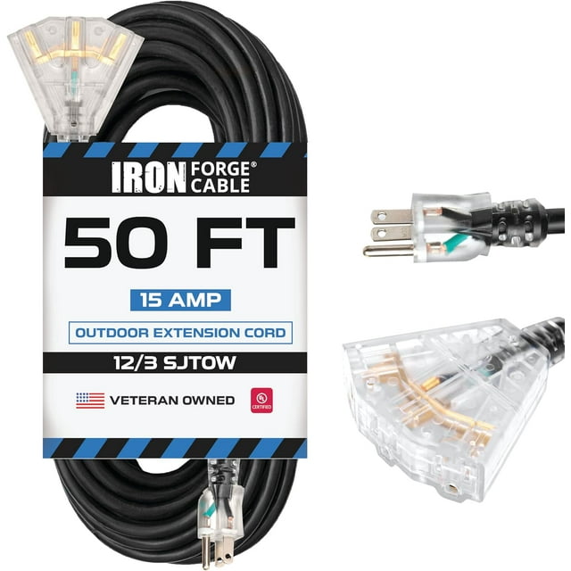 50 Ft Heavy Duty Extension Cord with 3 Outlets, SJTOW Oil Resistant 12