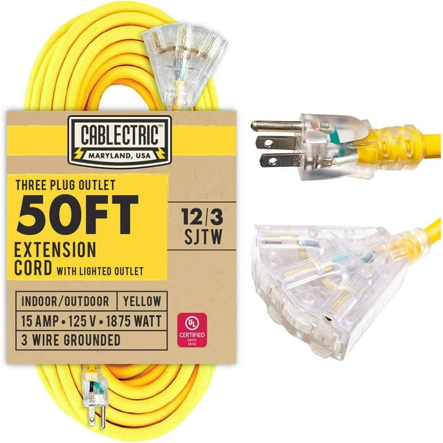 50 Ft Outdoor Extension Cord with 3 Outlet, 12/3 Weatherproof 50 ft